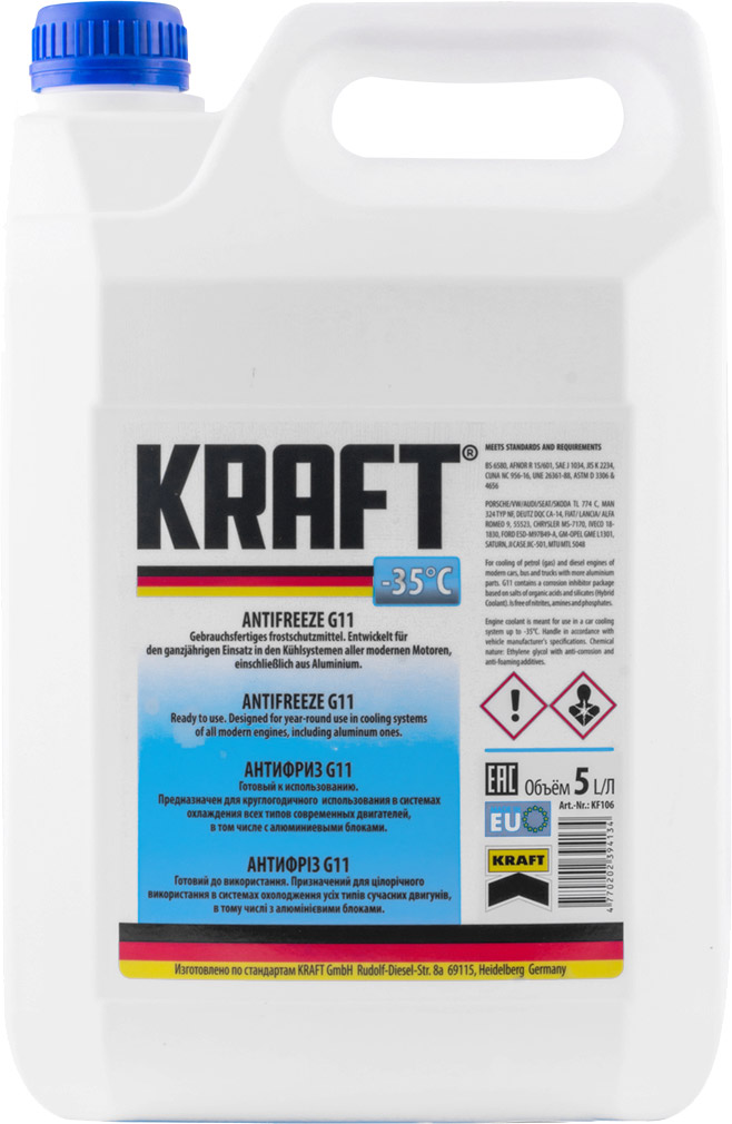 Охолоджувальна рідина KRAFT G11, готова, синій, -35°С, 5 л (4770202394134)